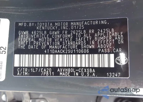 2025 Toyota Camry Se from USA, damaged, VIN 4T1DAACK2SU110606